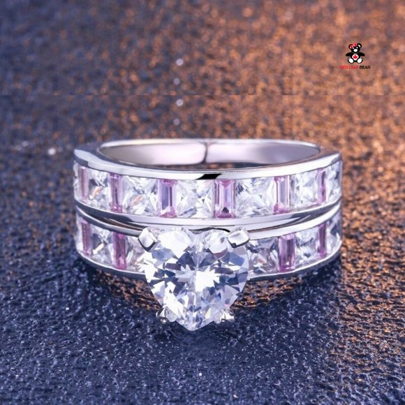 Sterling Silver Pink CZ Wedding Ring Set. - Picture 5 of 5
